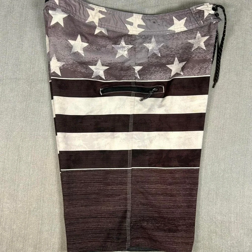 Burnside Mens Board Shorts Size 32 American Flag Stars Stripes Grey Black Swim